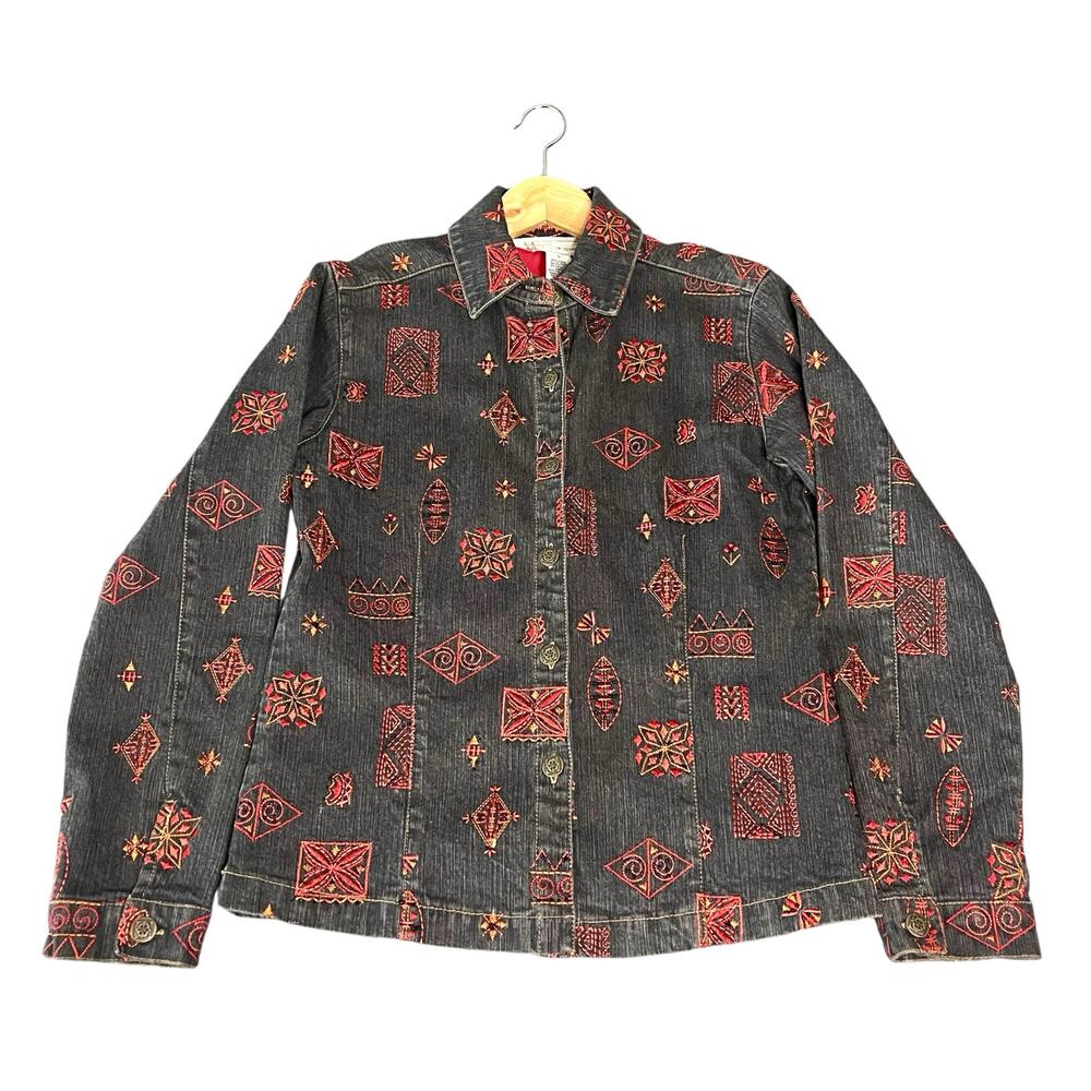 Vintage GW Jeans Co Women's Black Denim beaded Jacket with Embroidery, Size S